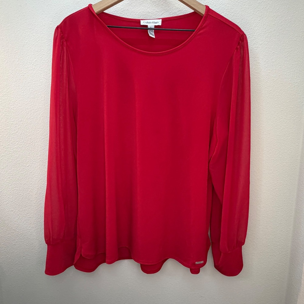 Calvin Klein Red Sheer Sleeve‎ Long Sleeve Top Women's Size L